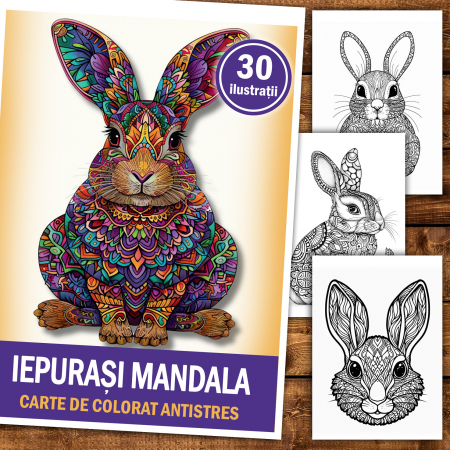 Carte de colorat antistres , 30 de ilustratii Iepurasi Mandala, 66 pagini [1]
