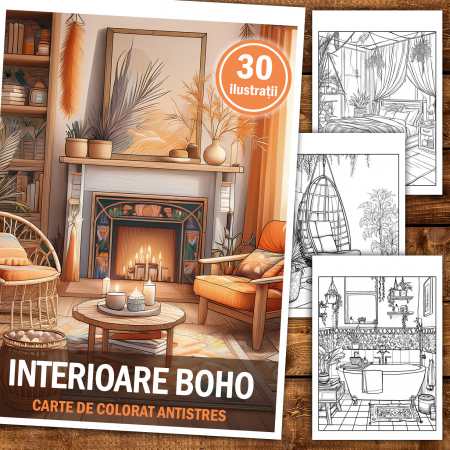 Carte de colorat antistres , 30 de ilustratii Interioare Boho, 66 pagini [1]