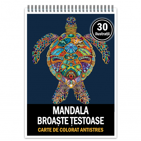 Carti de colorat cu mandale de animale - Carte de colorat antistres , 30 de ilustratii Mandala Broaste Testoase, 66 pagini