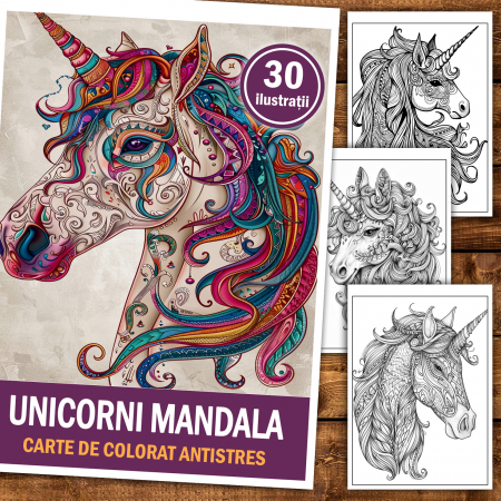 Carte de colorat antistres , 30 de ilustratii Unicorni Mandala, 66 pagini [1]