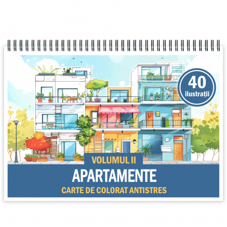 Carti de colorat cu Peisaje, cladiri, castele - Carte de colorat antistres , 40 de ilustratii Apartamente - Volumul II, 86 pagini
