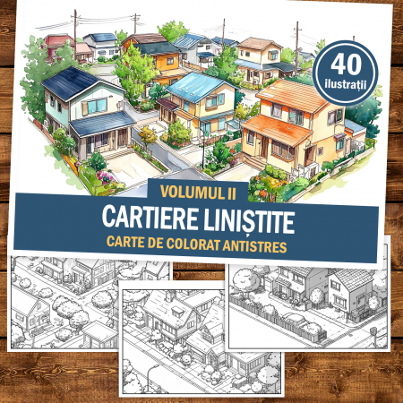 Carte de colorat antistres , 40 de ilustratii Cartiere linistite - Volumul II, 86 pagini [1]