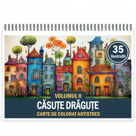 Carti de colorat cu Peisaje, cladiri, castele - Carte de colorat antistres , 40 de ilustratii Casute Dragute - Volumul II, 86 pagini