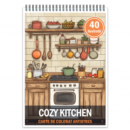 Carti de colorat cu Peisaje, cladiri, castele - Carte de colorat antistres , 40 de ilustratii Cozy Kitchen, 86 pagini