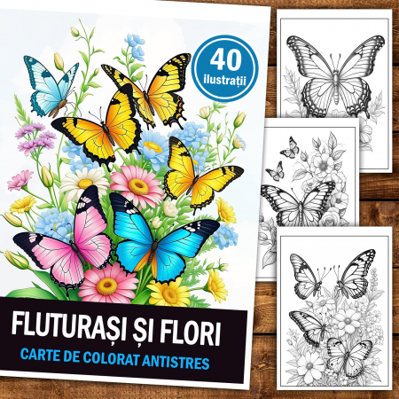 Carte de colorat antistres , 40 de ilustratii Fluturasi si Flori, 96 pagini [1]