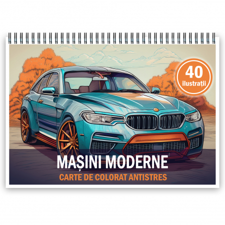 Carti de colorat cu masini si vehicule - Carte de colorat antistres , 40 de ilustratii Masini Moderne, 86 pagini