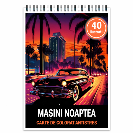 Carti de colorat cu masini si vehicule - Carte de colorat antistres , 40 de ilustratii Masini Noaptea, 86 pagini