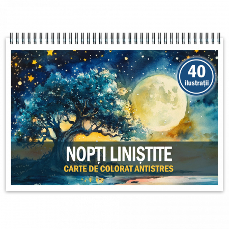 Carti de colorat cu peisaje - Carte de colorat antistres, 40 de ilustratii Nopti Linistite