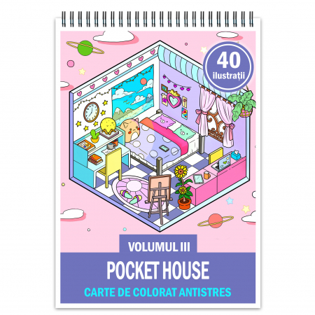 Carti de colorat cu Peisaje, cladiri, castele - Carte de colorat antistres , 40 de ilustratii Pocket House - Volumul III, 86 pagini
