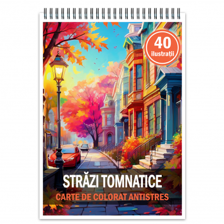Carti de colorat cu peisaje - Carte de colorat antistres , 40 de ilustratii Strazi Tomnatice, 86 pagini