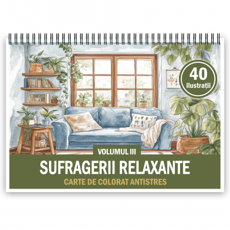Carti de colorat cu Peisaje, cladiri, castele - Carte de colorat antistres , 40 de ilustratii Sufragerii relaxante - Volumul III, 86 pagini