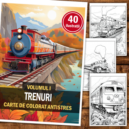 Carte de colorat antistres , 40 de ilustratii Trenuri - Volumul I, 86 pagini [1]
