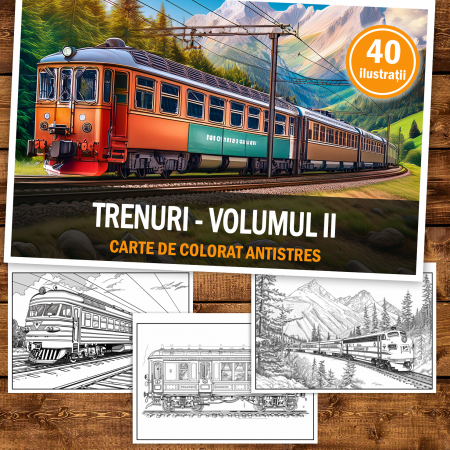 Carte de colorat antistres , 40 de ilustratii Trenuri - Volumul II, 86 pagini [1]