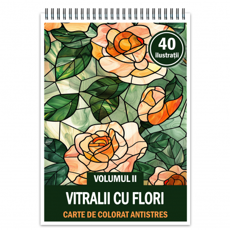 Carti de colorat cu Vitralii - Carte de colorat antistres , 40 de ilustratii Vitralii cu Flori - Volumul II, 86 pagini