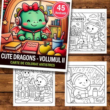Carte de colorat antistres , 45 de ilustratii Cute Dragons - Volumul II, 96 pagini [1]