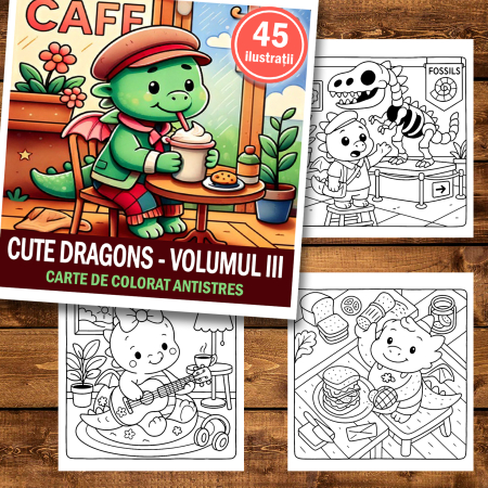 Carte de colorat antistres , 45 de ilustratii Cute Dragons - Volumul III, 96 pagini [1]