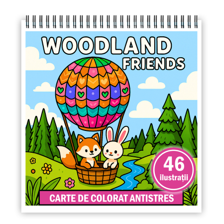 Carti de colorat antistres pentru adulti - Carte de colorat antistres , 46 de ilustratii Woodland Friends, 96 pagini