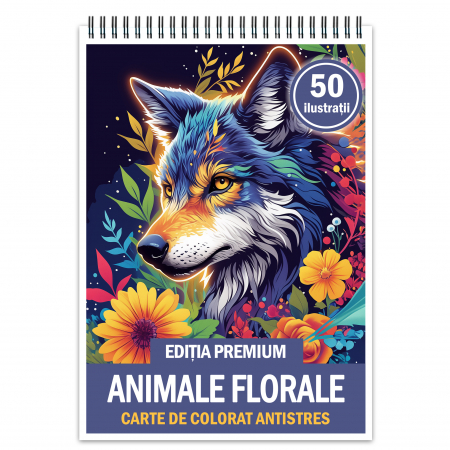 Carti de colorat cu Animale - Carte de colorat antistres, 50 de ilustratii Animale Florale - Editia Premium