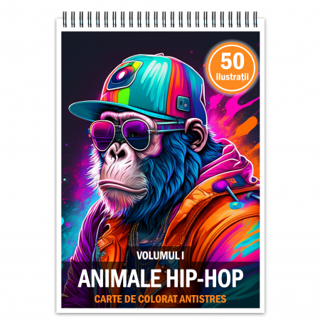 Carti de colorat antistres pentru adulti - Carte de colorat antistres , 50 de ilustratii Animale Hip-Hop - Volumul I, 106 pagini