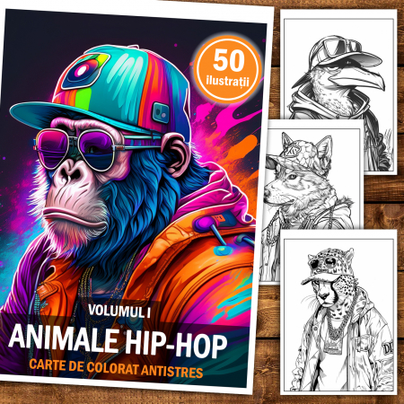 Carte de colorat antistres , 50 de ilustratii Animale Hip-Hop - Volumul I, 106 pagini [1]