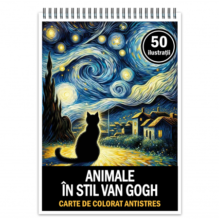 Carti de colorat cu Animale - Carte de colorat antistres, 50 de ilustratii Animale in stil Van Gogh