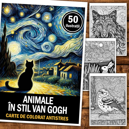 Carte de colorat antistres, 50 de ilustratii Animale in stil Van Gogh [1]
