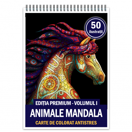 Carti de colorat cu mandale de animale - Carte de colorat antistres, 50 de ilustratii Animale Mandala - Editia Premium - Volumul I