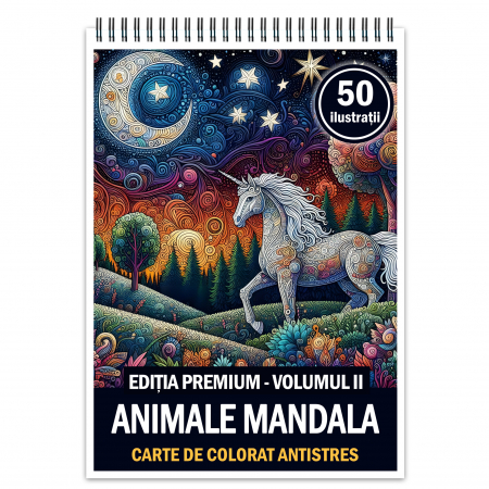 Carti de colorat cu mandale de animale - Carte de colorat antistres, 50 de ilustratii Animale Mandala - Editia Premium - Volumul II