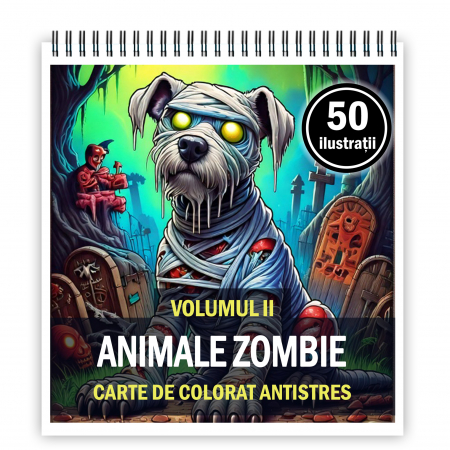 Carti de colorat Horror - Carte de colorat antistres , 50 de ilustratii Animale Zombie - Volumul II, 106 pagini