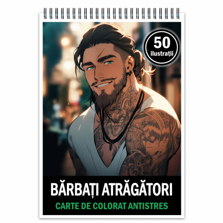 Baieti Anime - Carte de colorat antistres , 50 de ilustratii Barbati Atragatori, 106 pagini