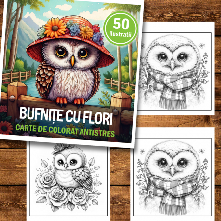 Carte de colorat antistres , 50 de ilustratii Bufnite cu flori, 106 pagini [1]