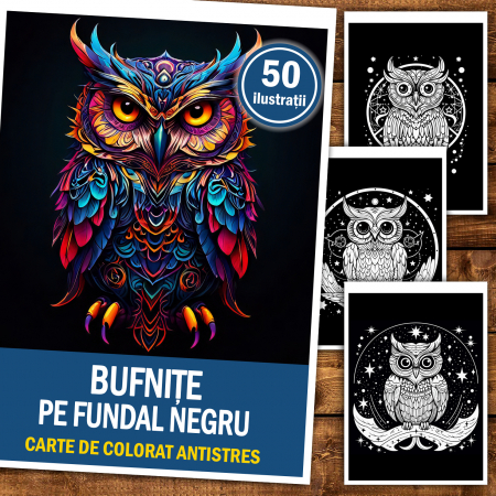 Carte de colorat antistres , 50 de ilustratii Bufnite pe fundal negru, 106 pagini [1]