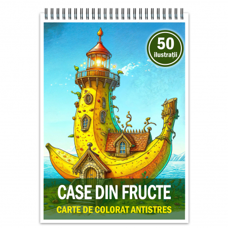 Carti de colorat cu cladiri si casute - Carte de colorat antistres , 50 de ilustratii Case din Fructe, 106 pagini