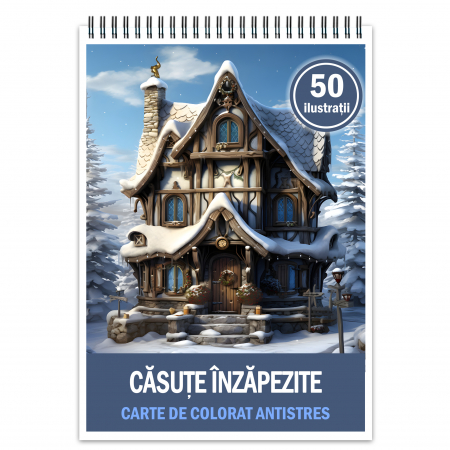 Carti de colorat cu Peisaje, cladiri, castele - Carte de colorat antistres , 50 de ilustratii Casute Inzapezite, 106 pagini