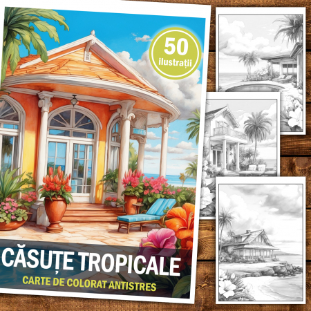 Carte de colorat antistres , 50 de ilustratii Casute Tropicale, 106 pagini [1]