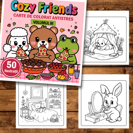 Carte de colorat antistres , 50 de ilustratii Cozy Friends - Volumul III, 106 pagini [1]