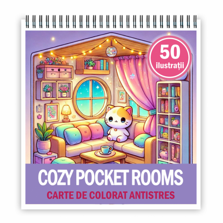 Carti de colorat Cute & Hygge - Carte de colorat antistres , 50 de ilustratii Cozy Pocket Rooms, 106 pagini