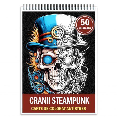 Diverse carti de colorat - Carte de colorat antistres , 50 de ilustratii Cranii Steampunk, 106 pagini