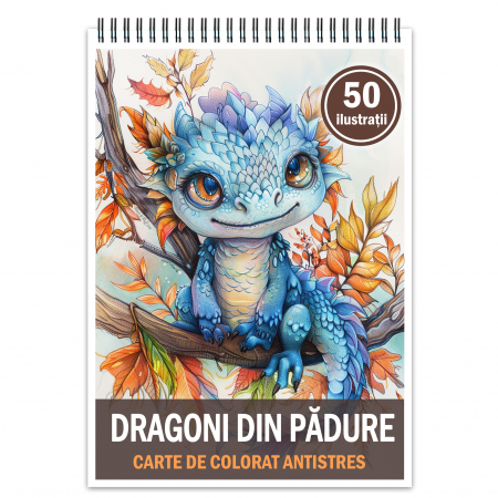 Carti de colorat pentru copii - Carte de colorat antistres , 50 de ilustratii Dragoni din Padure, 106 pagini