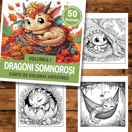 Carte de colorat antistres , 50 de ilustratii Dragoni Somnosori - Volumul I, 106 pagini [1]