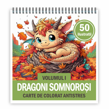 Carti de colorat pentru copii - Carte de colorat antistres , 50 de ilustratii Dragoni Somnosori - Volumul I, 106 pagini