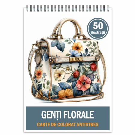 Carti de colorat cu moda - Carte de colorat antistres , 50 de ilustratii Genti Florale, 106 pagini