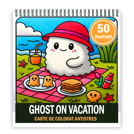 Carti de colorat antistres pentru adulti - Carte de colorat antistres , 50 de ilustratii Ghost on Vacation, 106 pagini