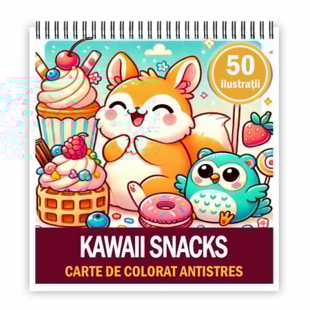 Carti de colorat antistres pentru adulti - Carte de colorat antistres , 50 de ilustratii Kawaii Snacks, 106 pagini