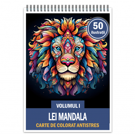 Carti de colorat cu mandale de animale - Carte de colorat antistres , 50 de ilustratii Lei Mandala - Volumul I, 106 pagini