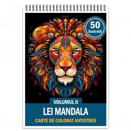 Carti de colorat cu mandale de animale - Carte de colorat antistres , 50 de ilustratii Lei Mandala - Volumul II, 106 pagini