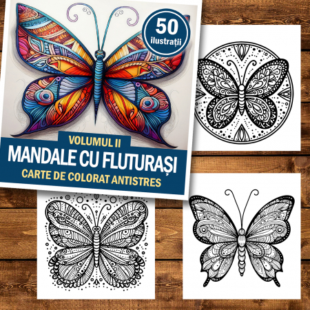 Carte de colorat antistres , 50 de ilustratii Mandale cu Fluturasi - Volumul II, 106 pagini [1]