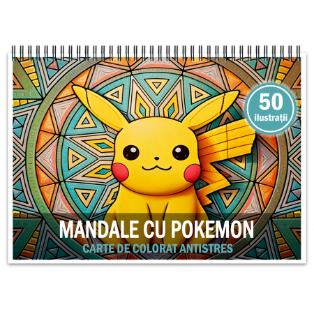 Carti de colorat pentru copii - Carte de colorat antistres , 50 de ilustratii Mandale cu Pokemon, 106 pagini