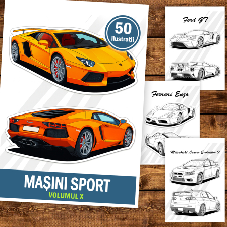 Carte de colorat antistres, 50 de ilustratii Masini Sport - Volumul X, 106 pagini [1]