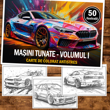 Carte de colorat antistres , 50 de ilustratii Masini Tunate - Volumul I, 106 pagini [1]